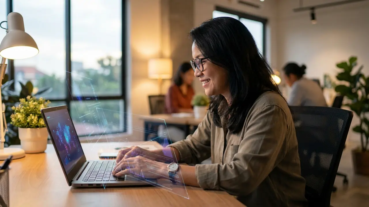 Ilustrasi realistis belajar AI di workspace modern