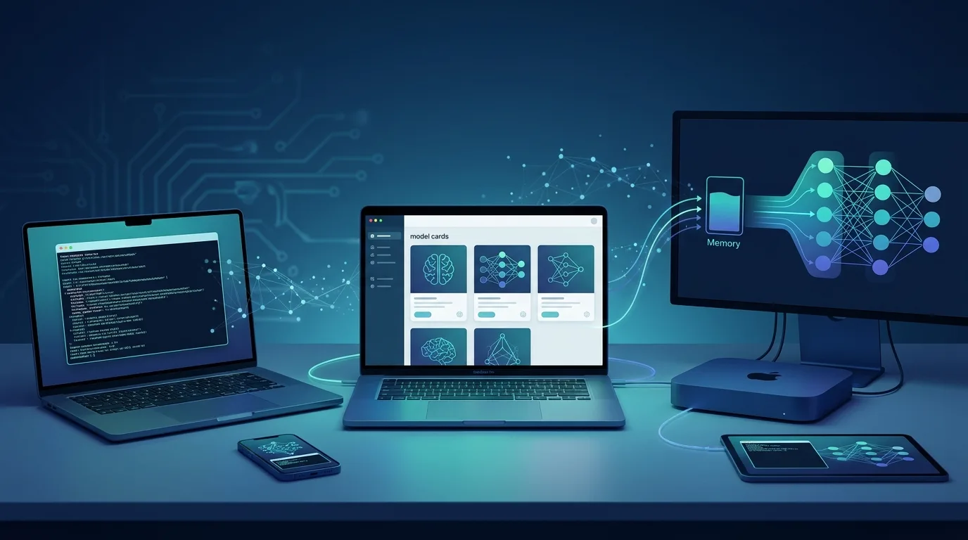 Ilustrasi model AI offline di laptop, MacBook, dan Mac mini