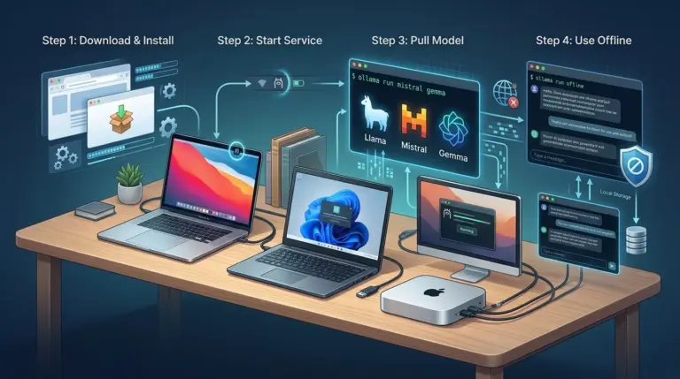 Ilustrasi instalasi Ollama di laptop, MacBook, dan Mac mini untuk AI offline